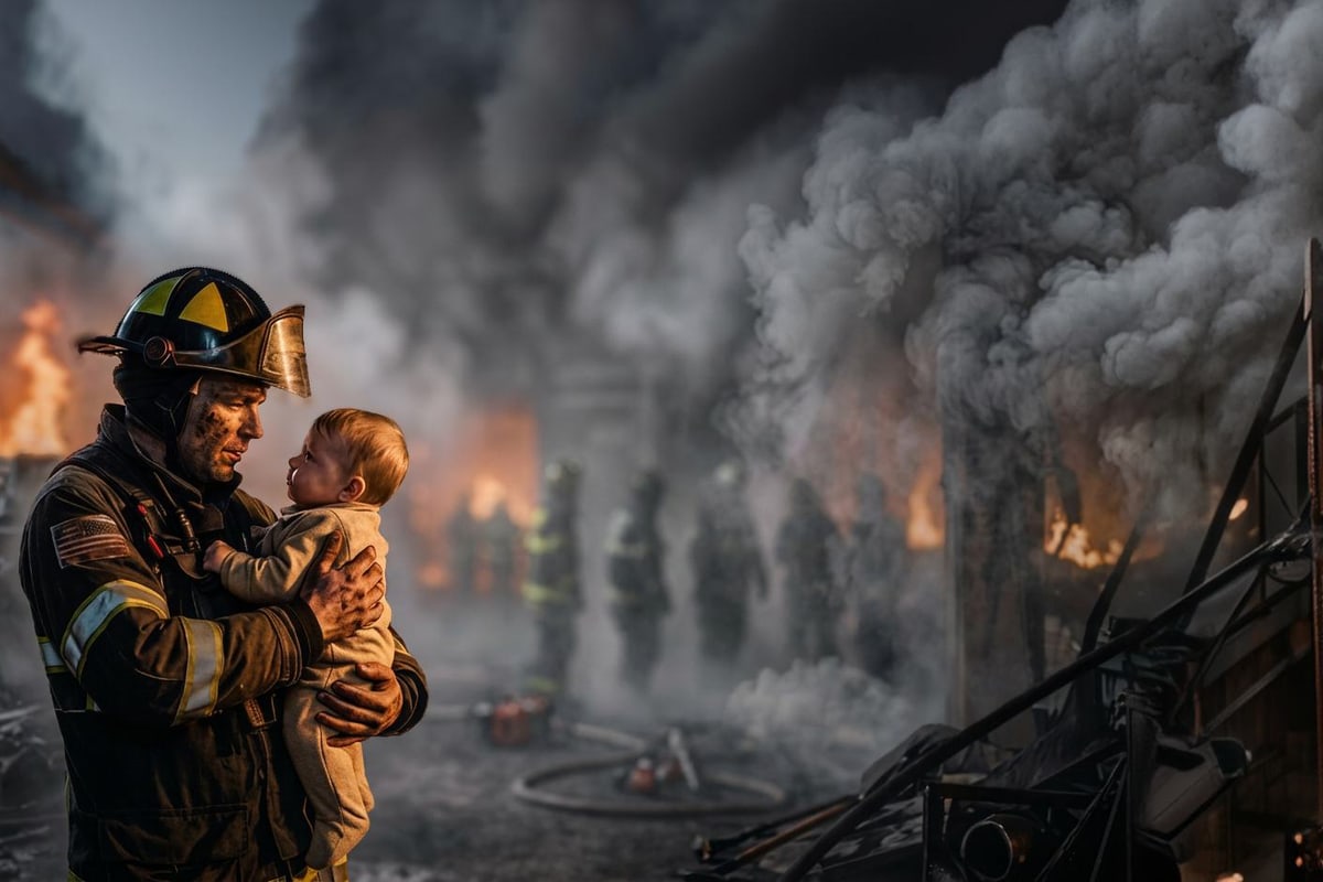 Firefighter carrying a child