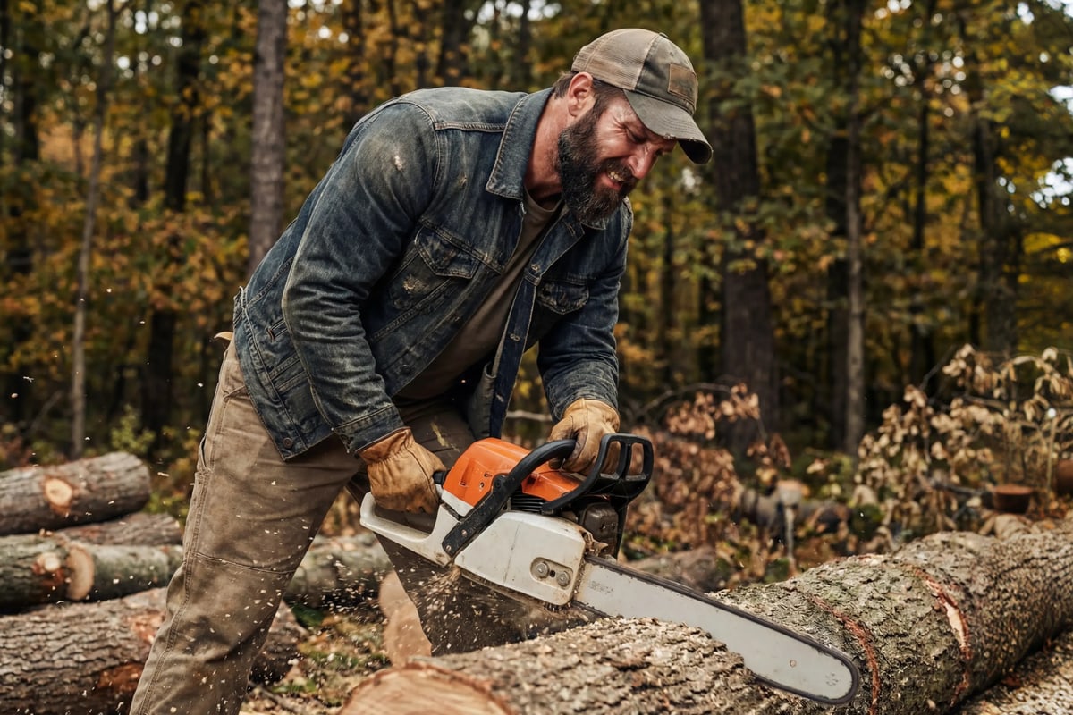 Man cutting logs with a chainsaw